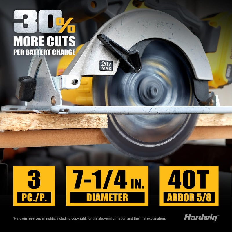 HARDWIN 7 1/4 Inch Framing Circular Saw Blade-3Pack, 40T ATB Carbide Teeth, Lightweight for Cordless Saws. Super Thin Kerf for Cutting Wood, Plywood, MDF, OSB, Hardwood, Softwood & More. - Image 4